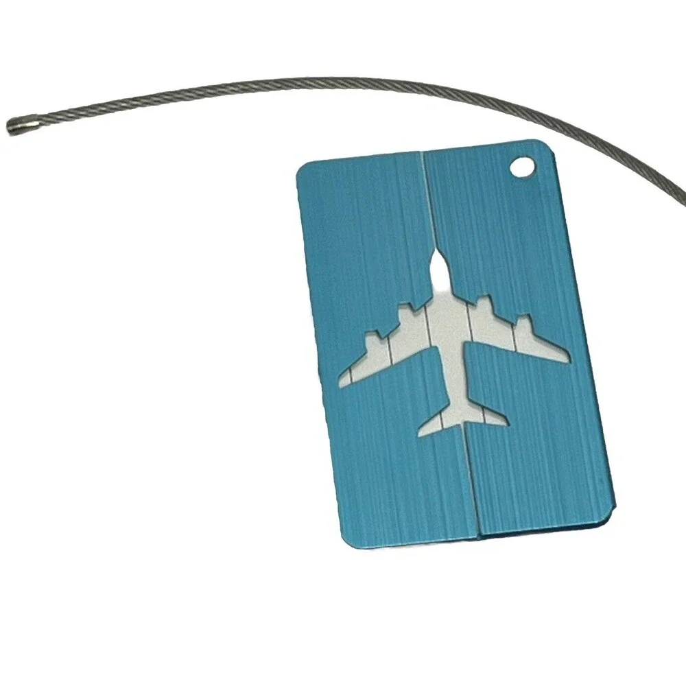 Luggage Tag Blue LOT 2 Airplane Travel Suitcase‎ Label Aluminum Secure Cable New